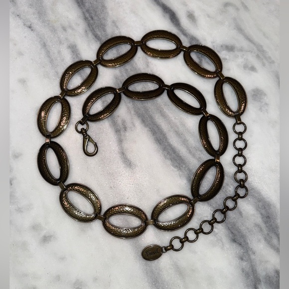 Vintage Y2K Fossil Women’s Belt Bronze Toned Hammered Metal Oval Links M/L - Picture 1 of 3